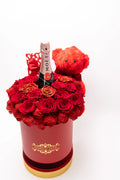 Aranjament Lux 21 Trandafiri Criogenați Roșii, Șampanie Moët & Ursulet