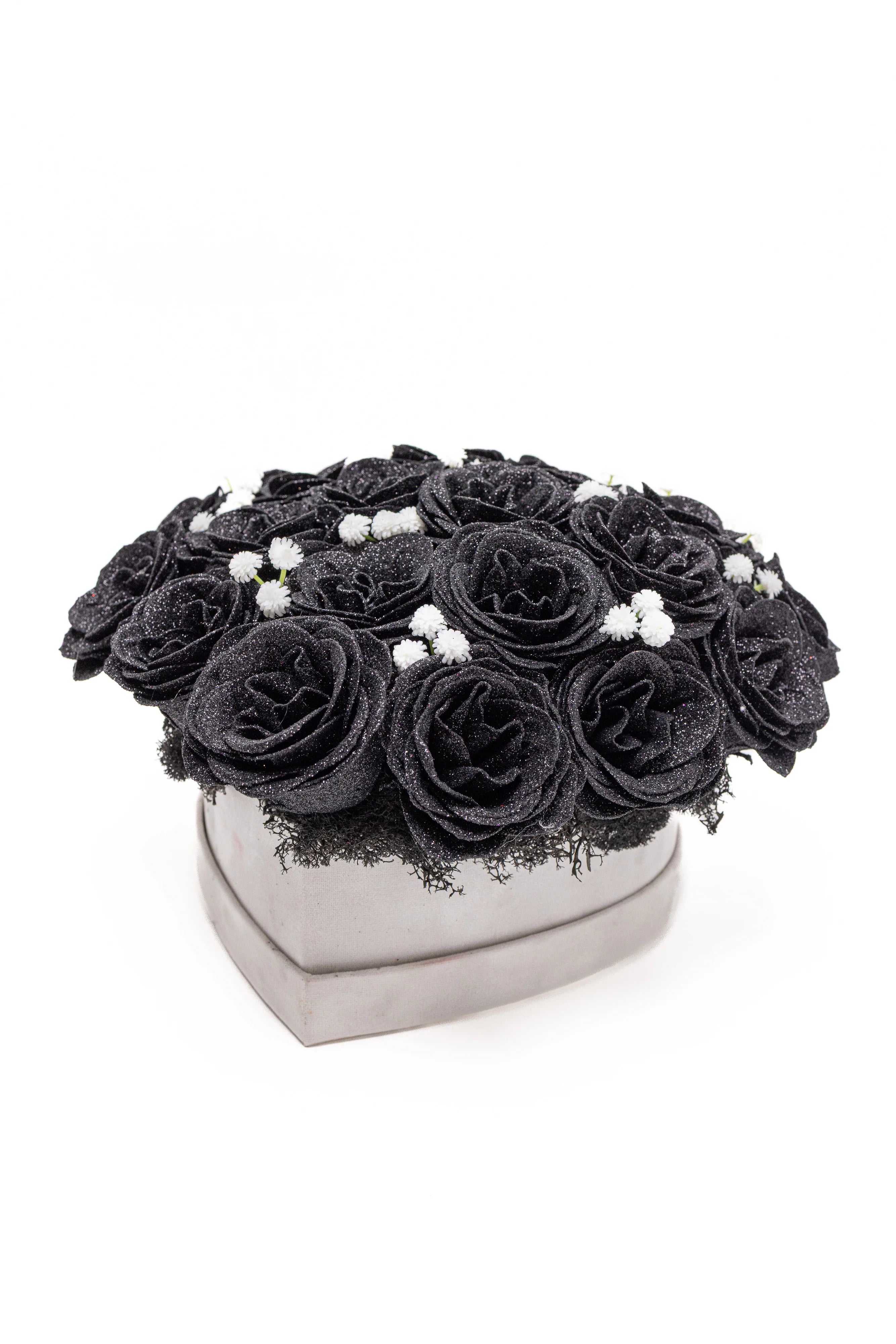 Aranjament "Black Diamond" în Cutie Inimă Albă
