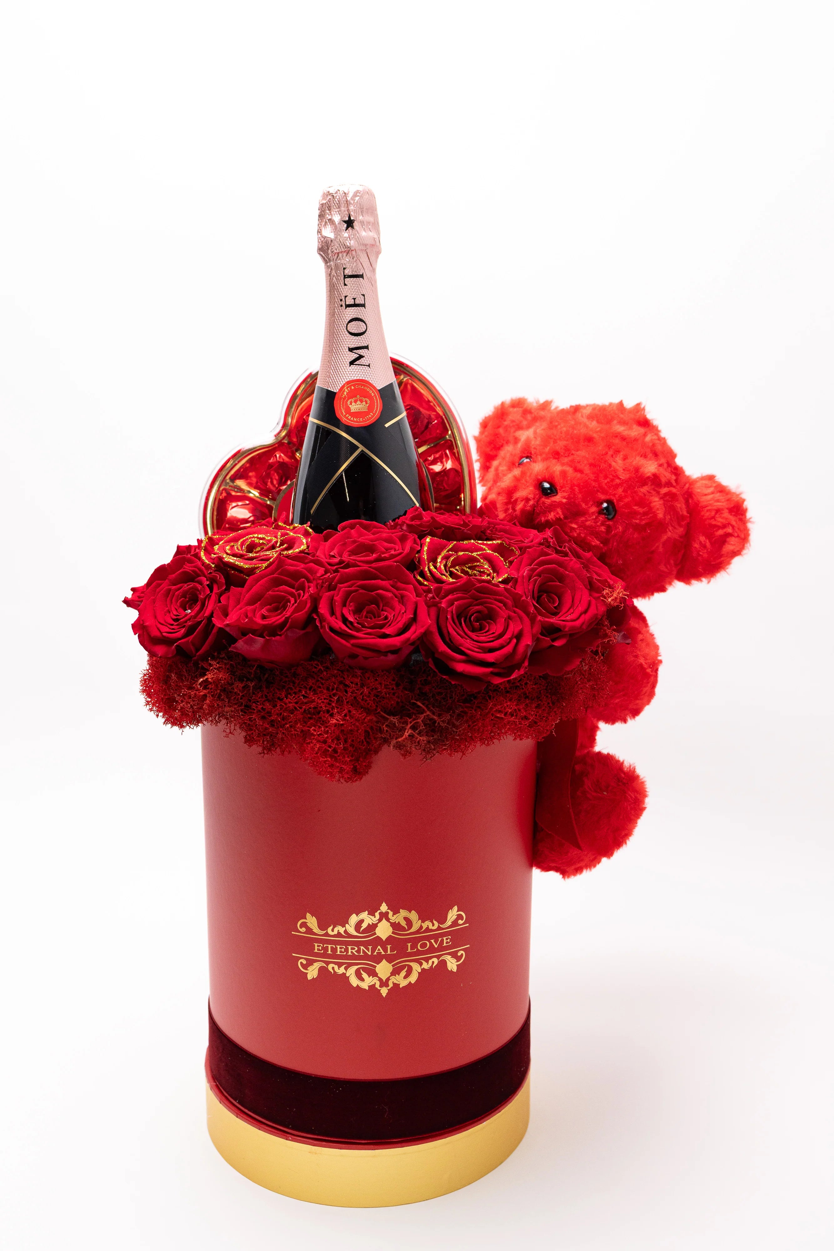 Aranjament Lux 19 Trandafiri Criogenați, Moët, Ursulet & Praline